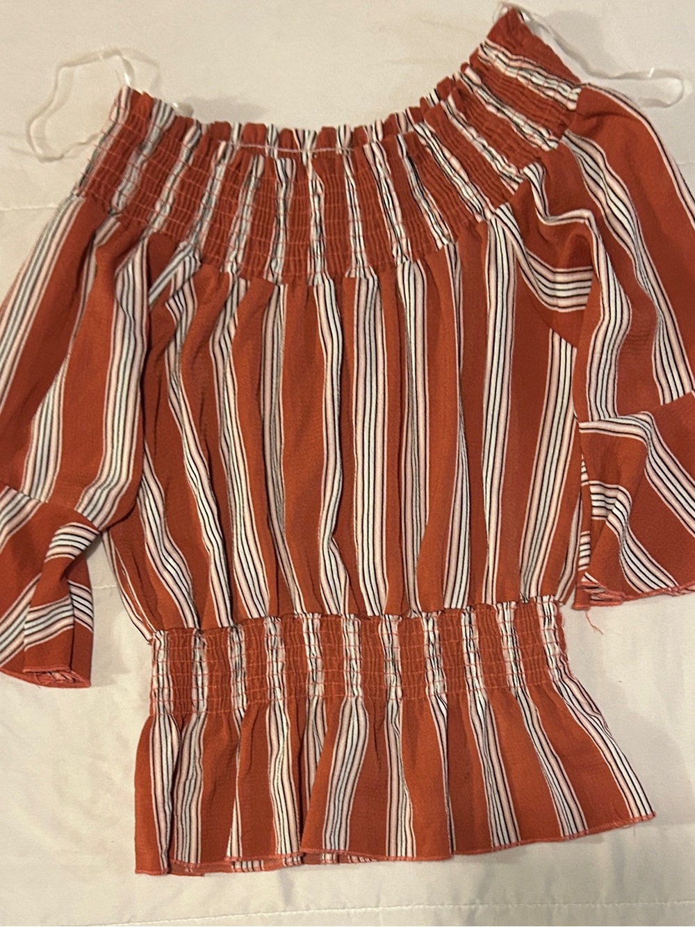 PERSAYA Off-The-Shoulder Rust Striped Smocked Peplum Top Size M